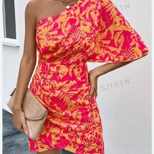 Vibrant One-Shoulder Dress in Pink and Orange